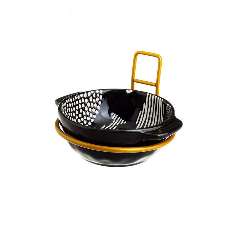 Bol noir motif blanc support doré